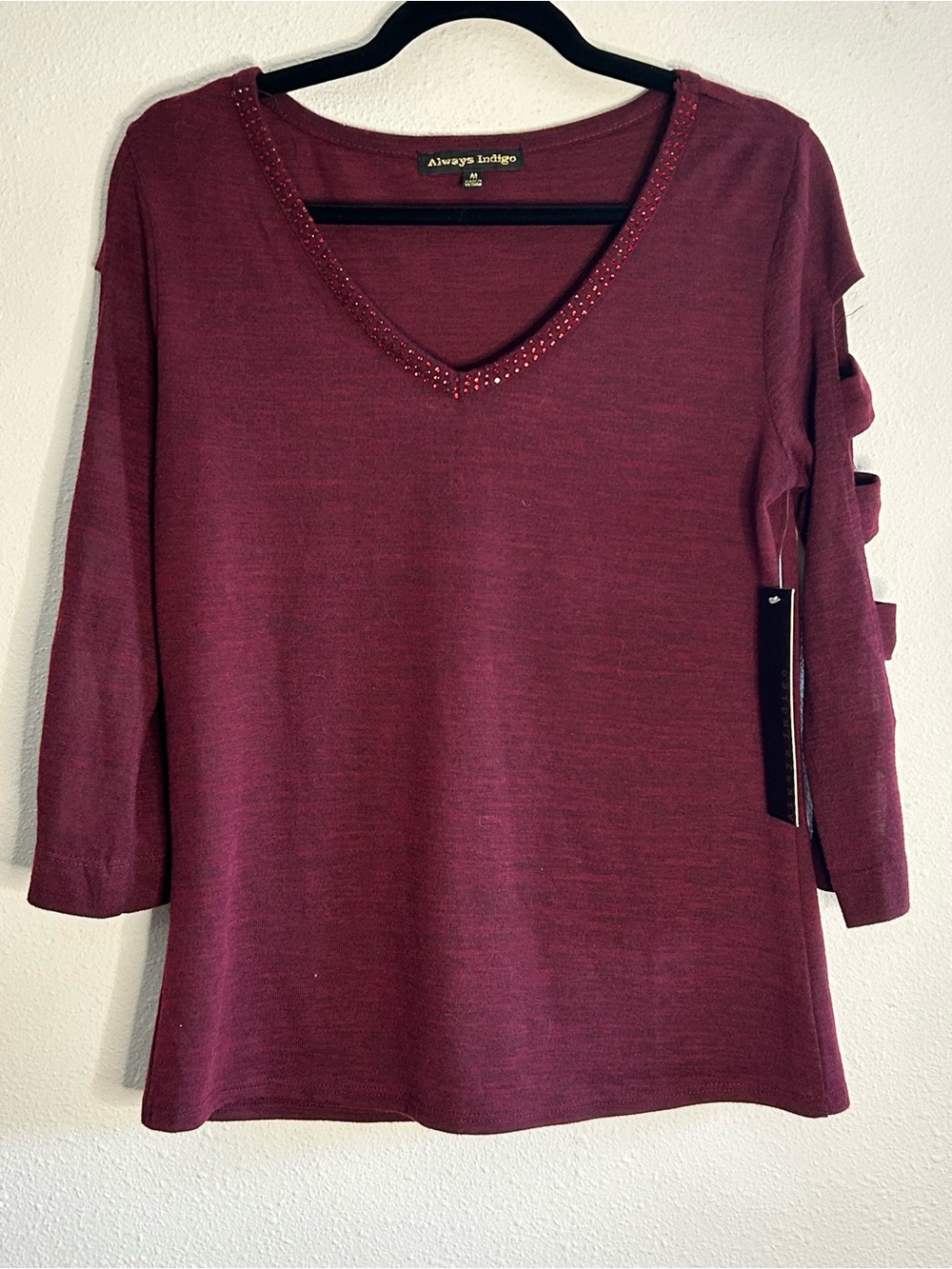 Always Indigo Women's Maroon V-Neck Cutout Sleeve Knit Top